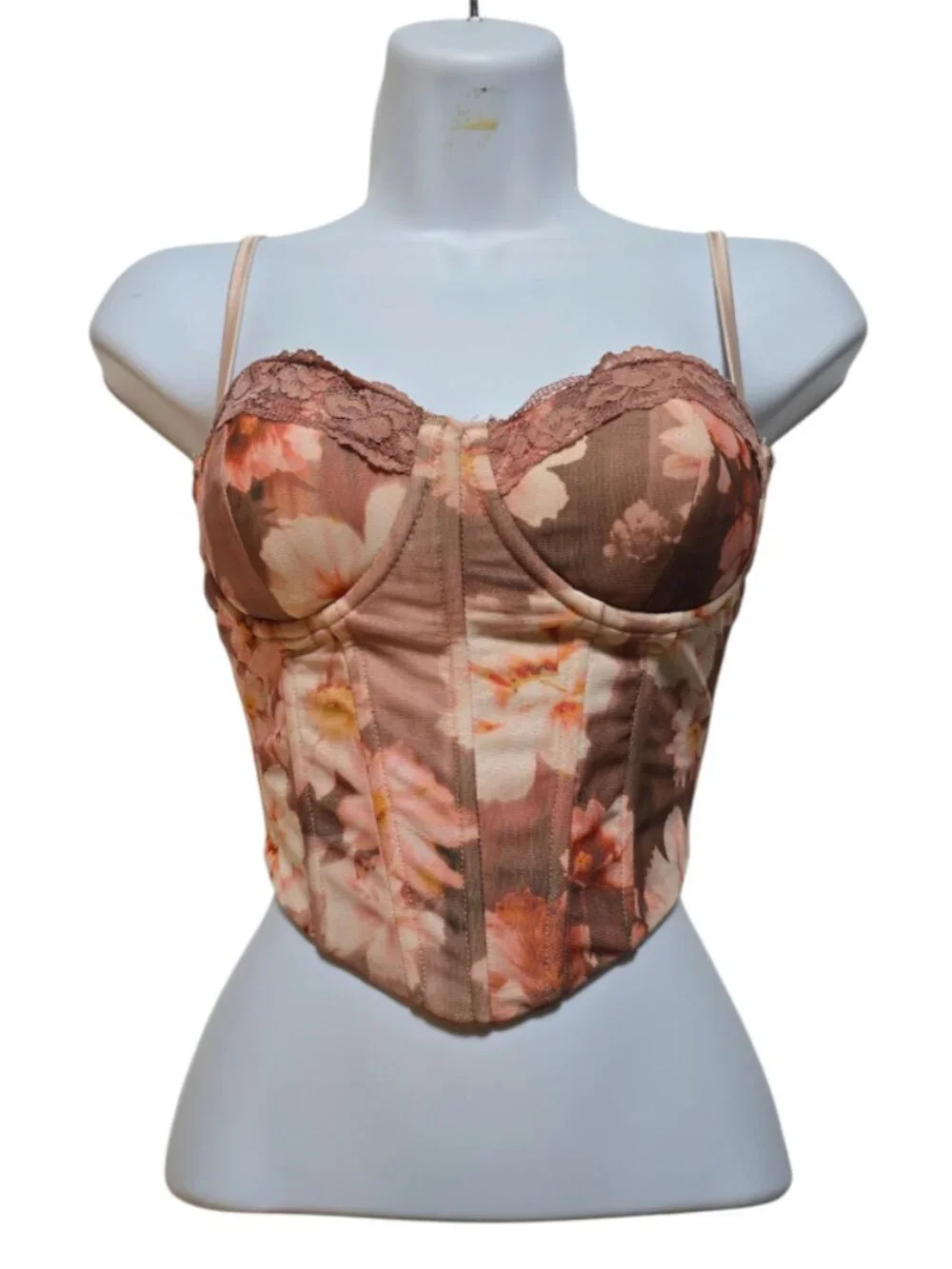 Windsor Pink Floral Mesh Lace Up Corset Bustier Top Romantic Y2K